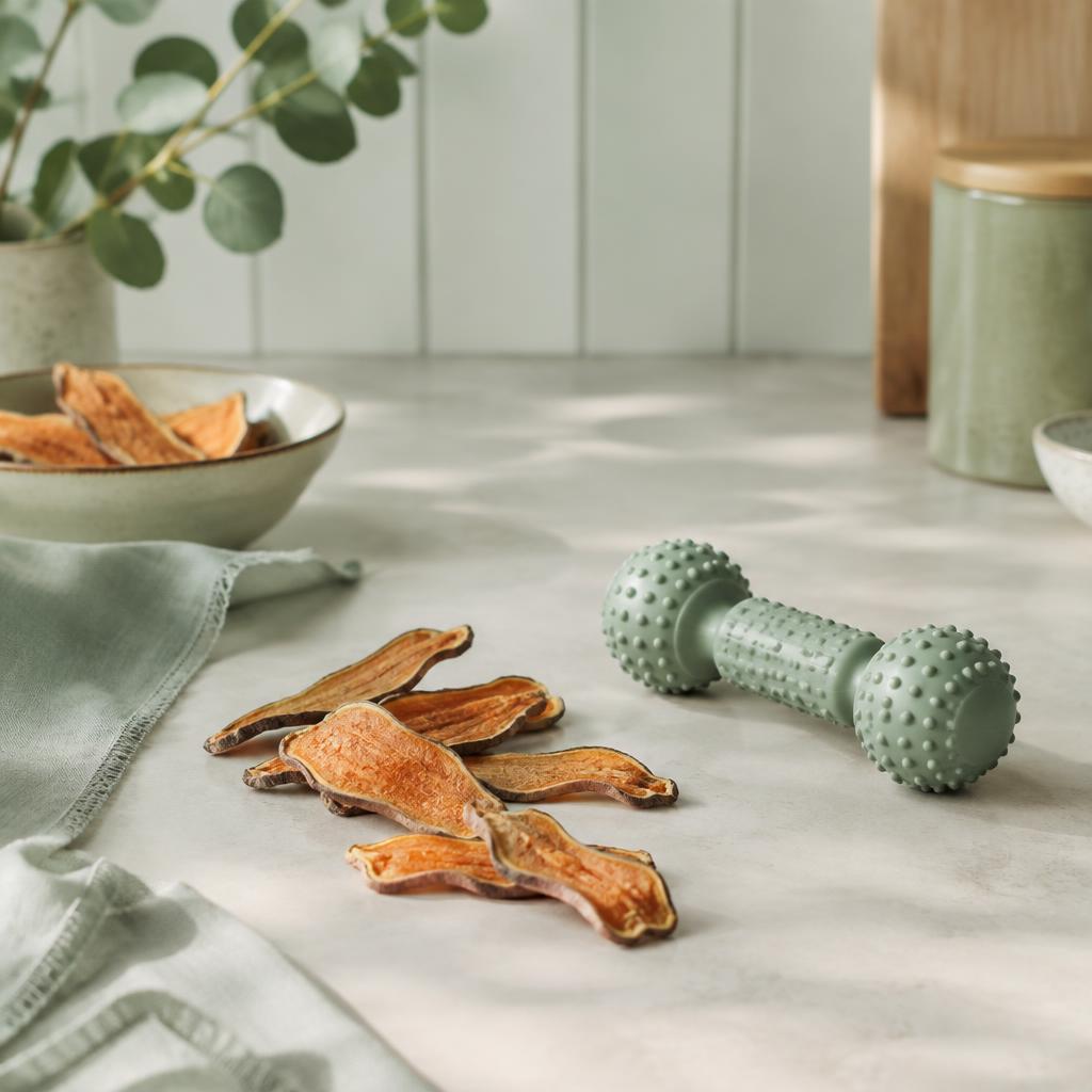 Dehydrated sweet potato chews on a kitchen worktop