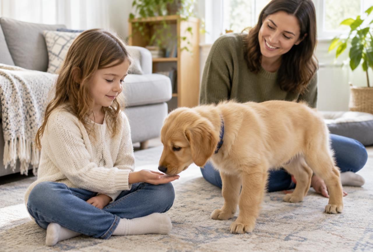 A young girl sitting cross-legged offering her hand to a golden puppy while her mother watches