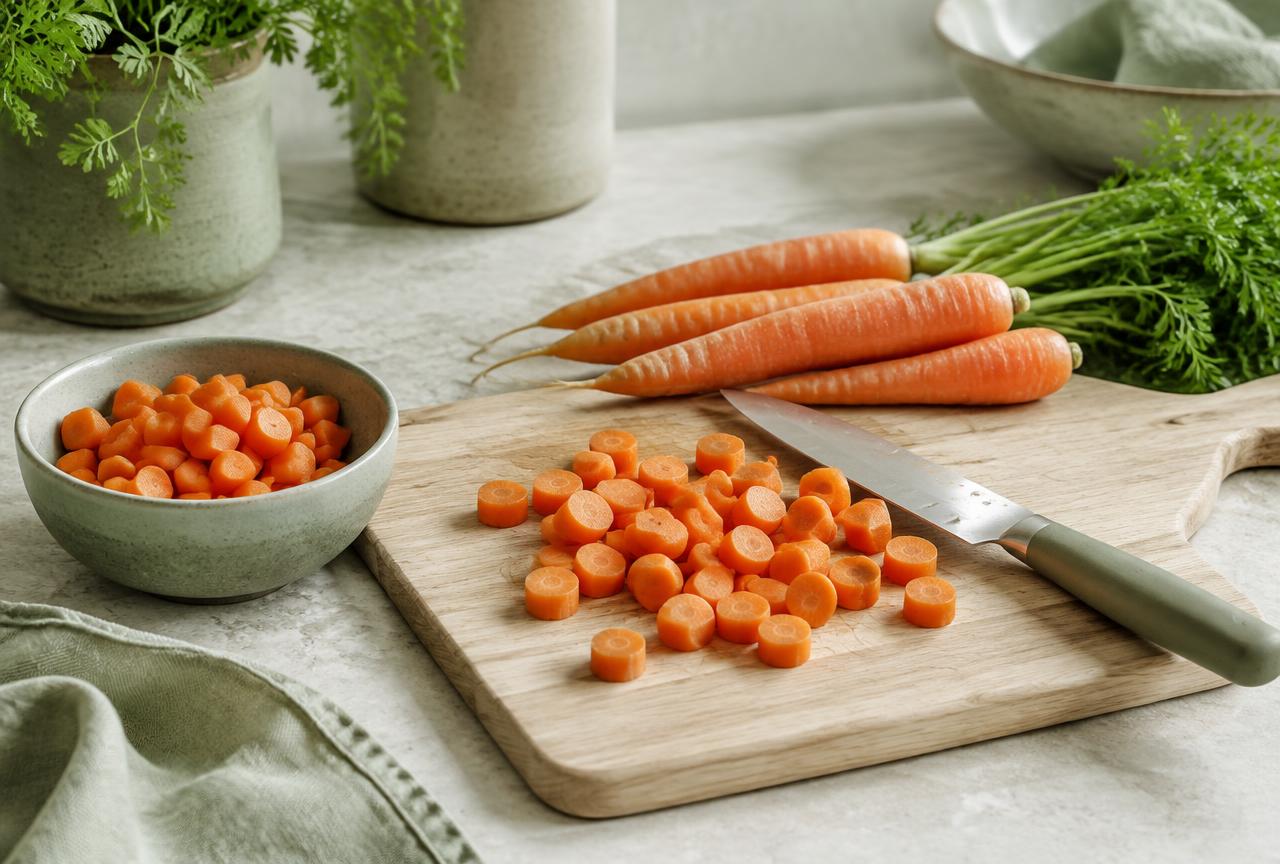 Carrots chopped into small rounds on a wooden board with a knife