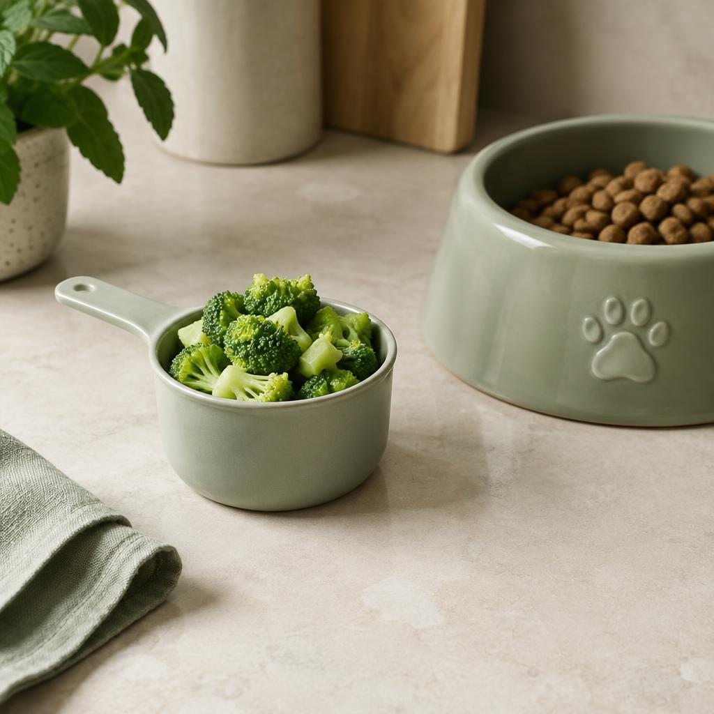 Chopped steamed broccoli in a measuring cup next to a dog's food bowl