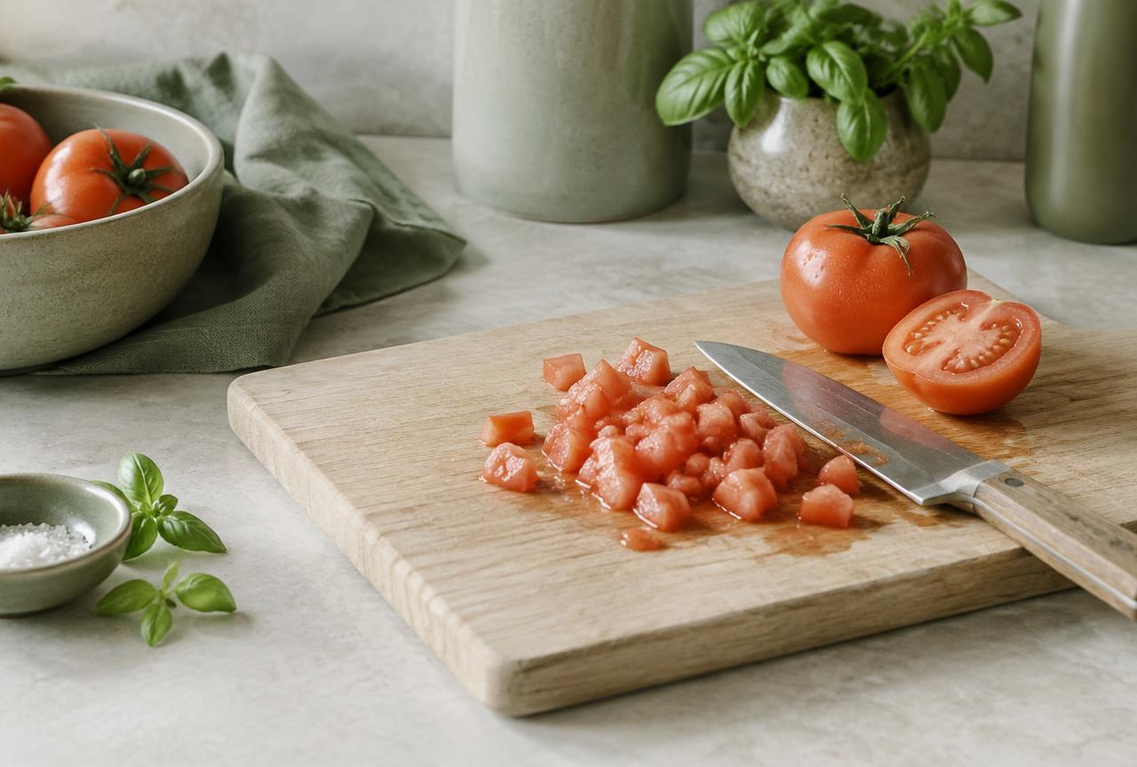 Ripe tomato being chopped into small pieces on a wooden board