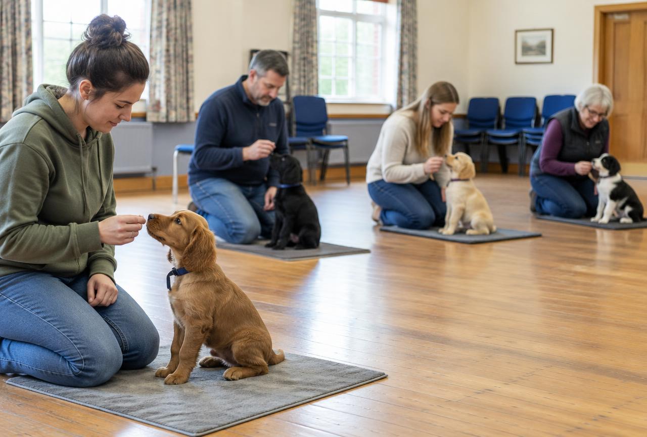 Owners kneeling with puppies on mats in a village hall during a puppy training class