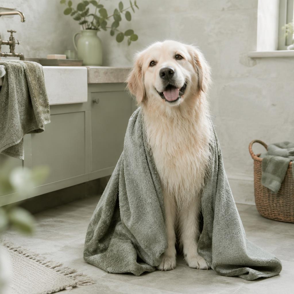 A clean fluffy dog wrapped in a towel after a bath