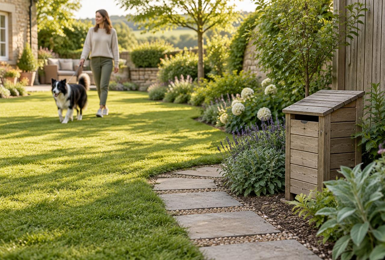 A tidy garden lawn with a wooden dog waste bin by the fence