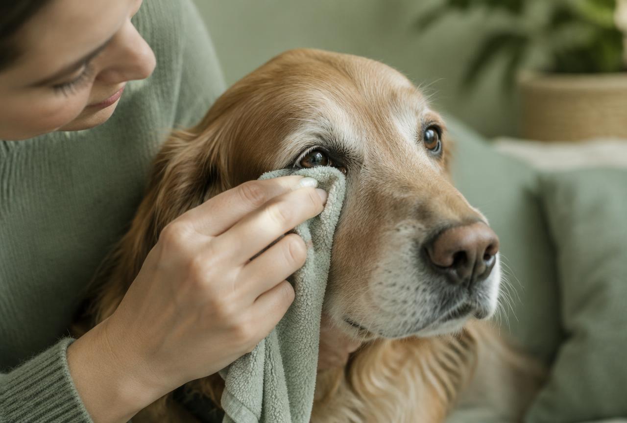 An owner gently wiping the corner of a calm dog's eye with a soft cloth