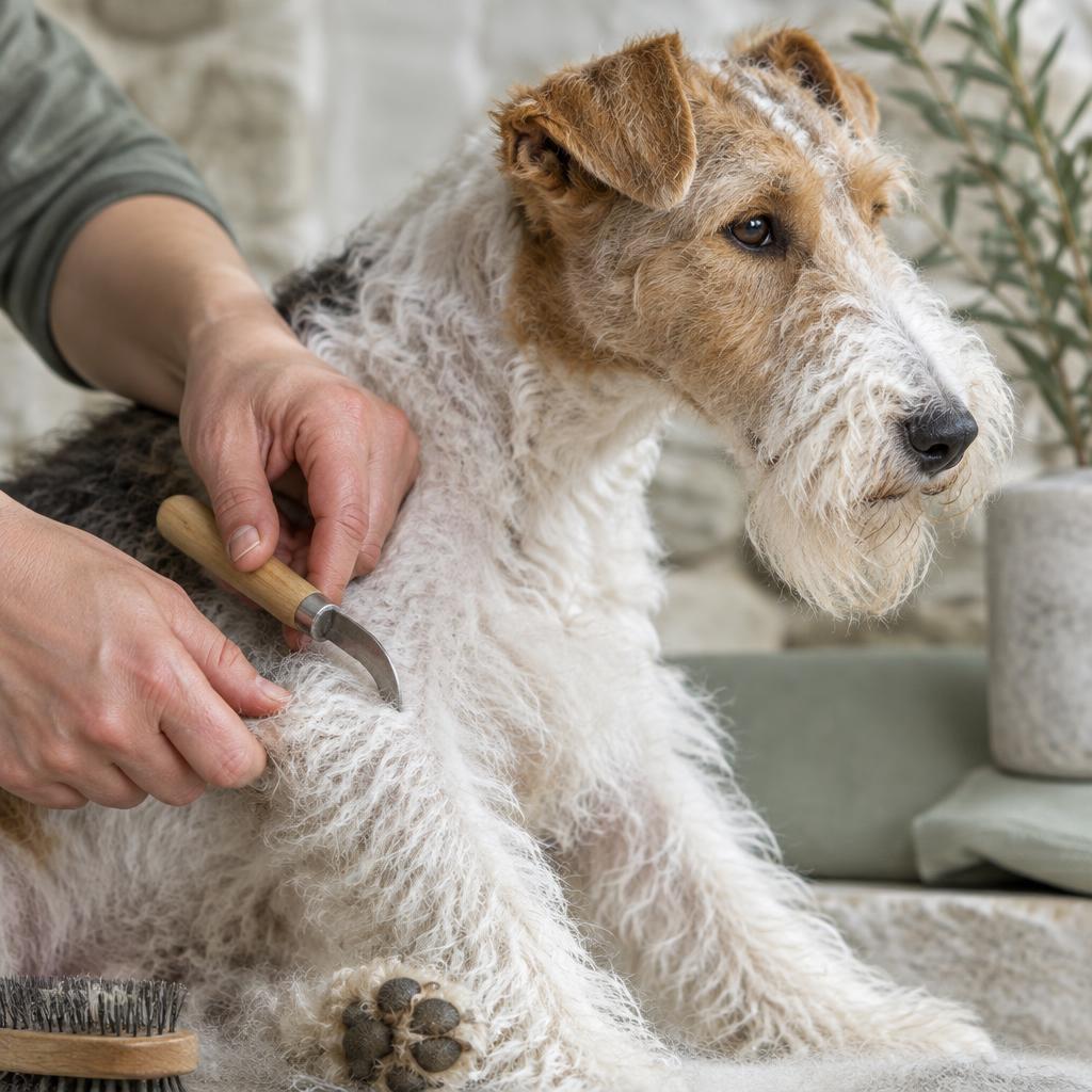 A Wire Fox Terrier being hand-stripped