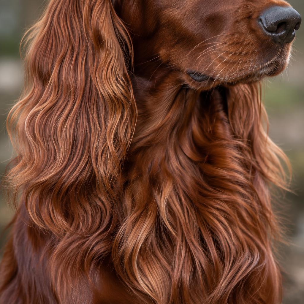 Close up of an Irish Setter's glossy mahogany feathered coat