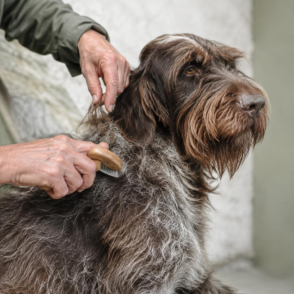 A Wirehaired Pointing Griffon being hand-stripped on a grooming table