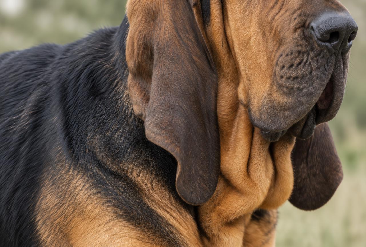 Close up of a Bloodhound's deeply wrinkled face and long ears.