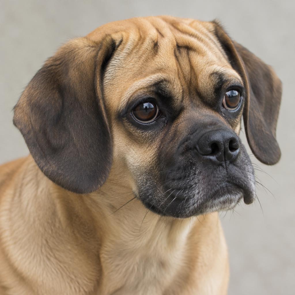 Close up of a Puggle's fawn coat, black mask and wrinkled forehead