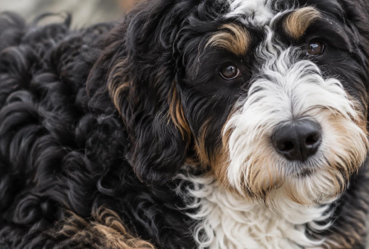 Close up of a Bernedoodle's wavy tricolour coat