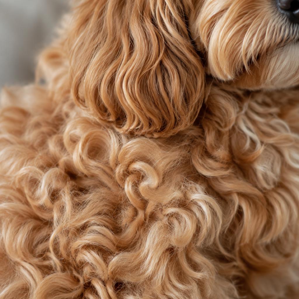 Close up of a Cavapoo's soft wavy apricot coat