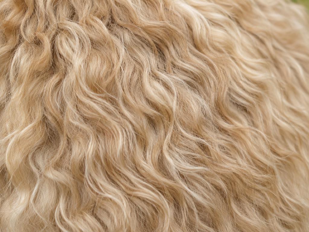 Close up of a Wheaten Terrier's silky, wavy wheat-coloured coat