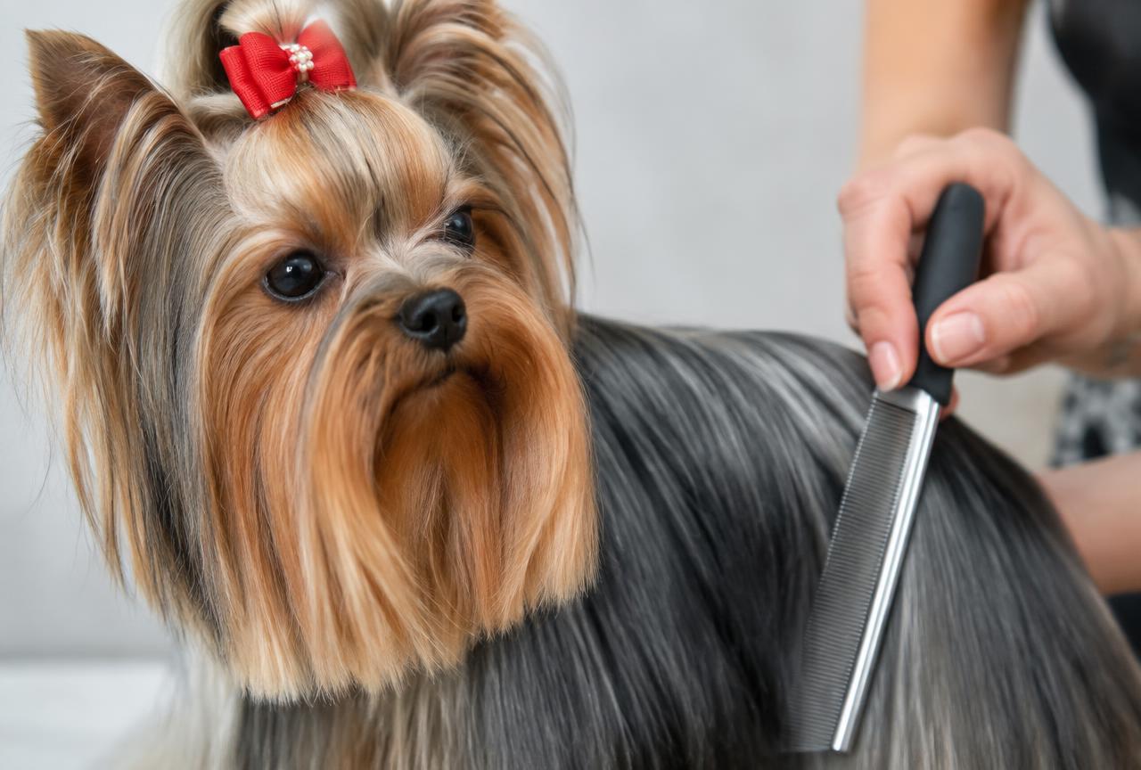 Close up of the silky blue and tan coat of a Yorkshire Terrier