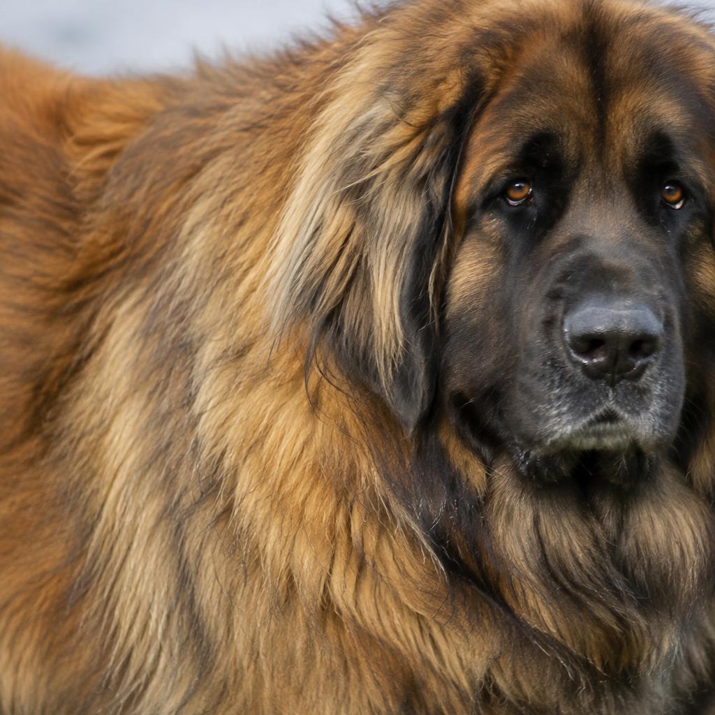Close up of the Leonberger's thick lion yellow mane and double coat.