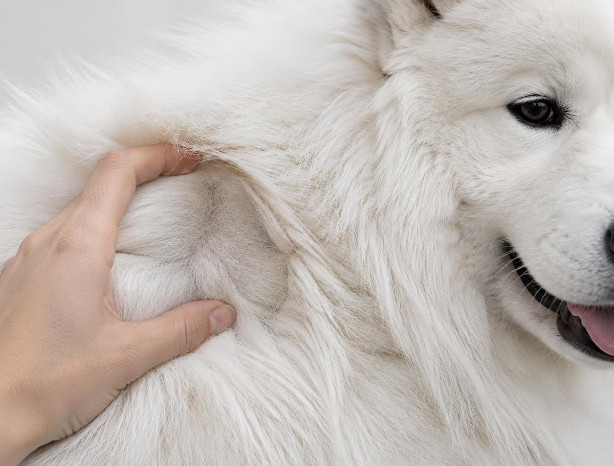 Close up of a Samoyed's thick white double coat