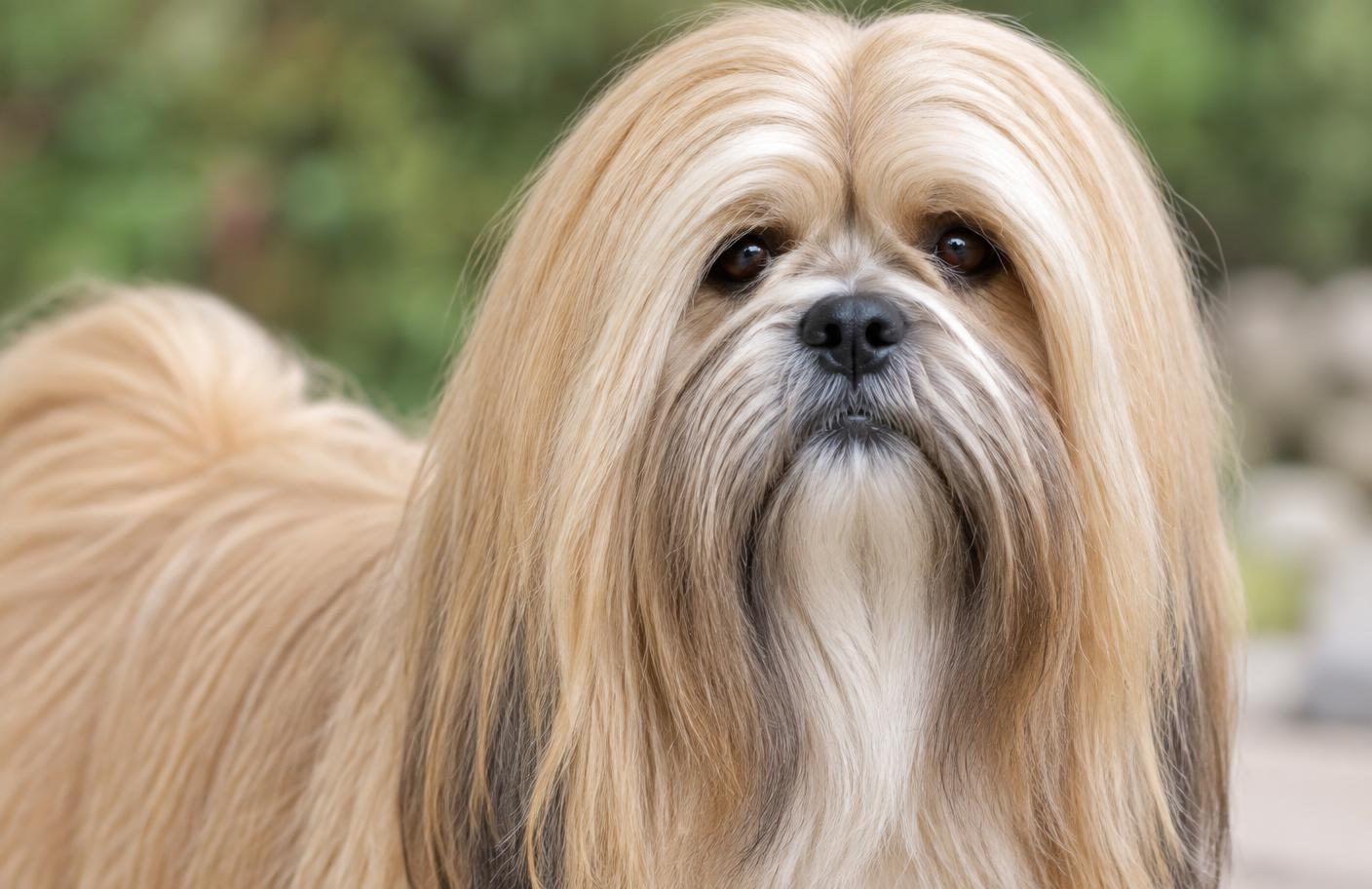 Close up of a Lhasa Apso's long straight golden coat
