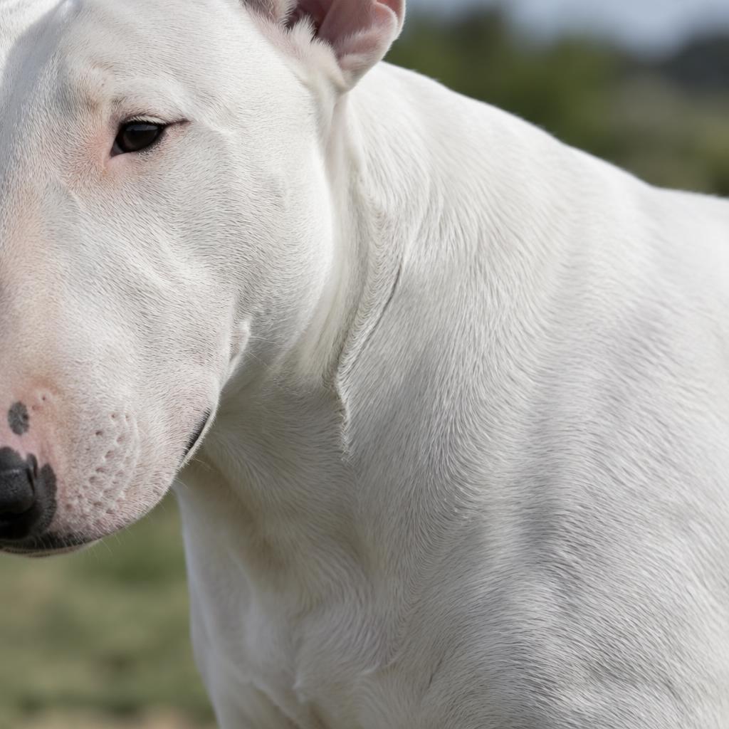 Close up of a Bull Terrier's short white coat