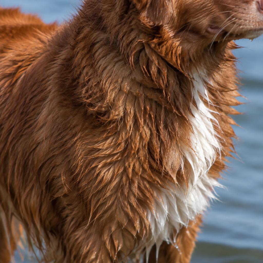 Close up of the Toller's russet double coat with white chest markings.
