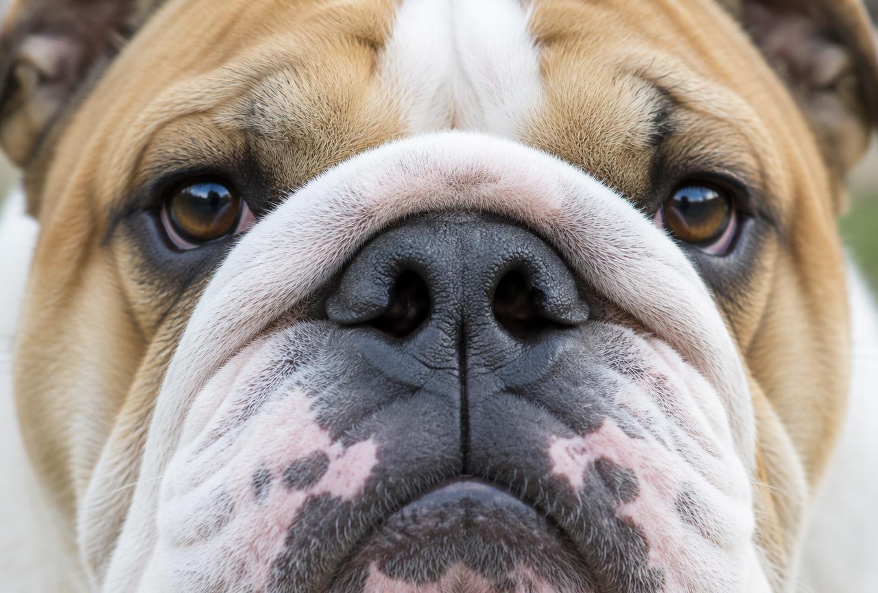 Close up of a Bulldog's wrinkled face and short coat