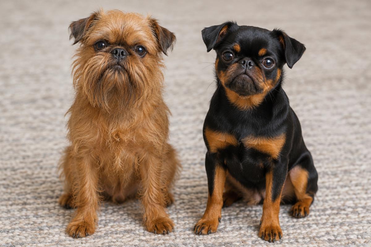 A rough red Brussels Griffon and a smooth black and tan one sitting side by side