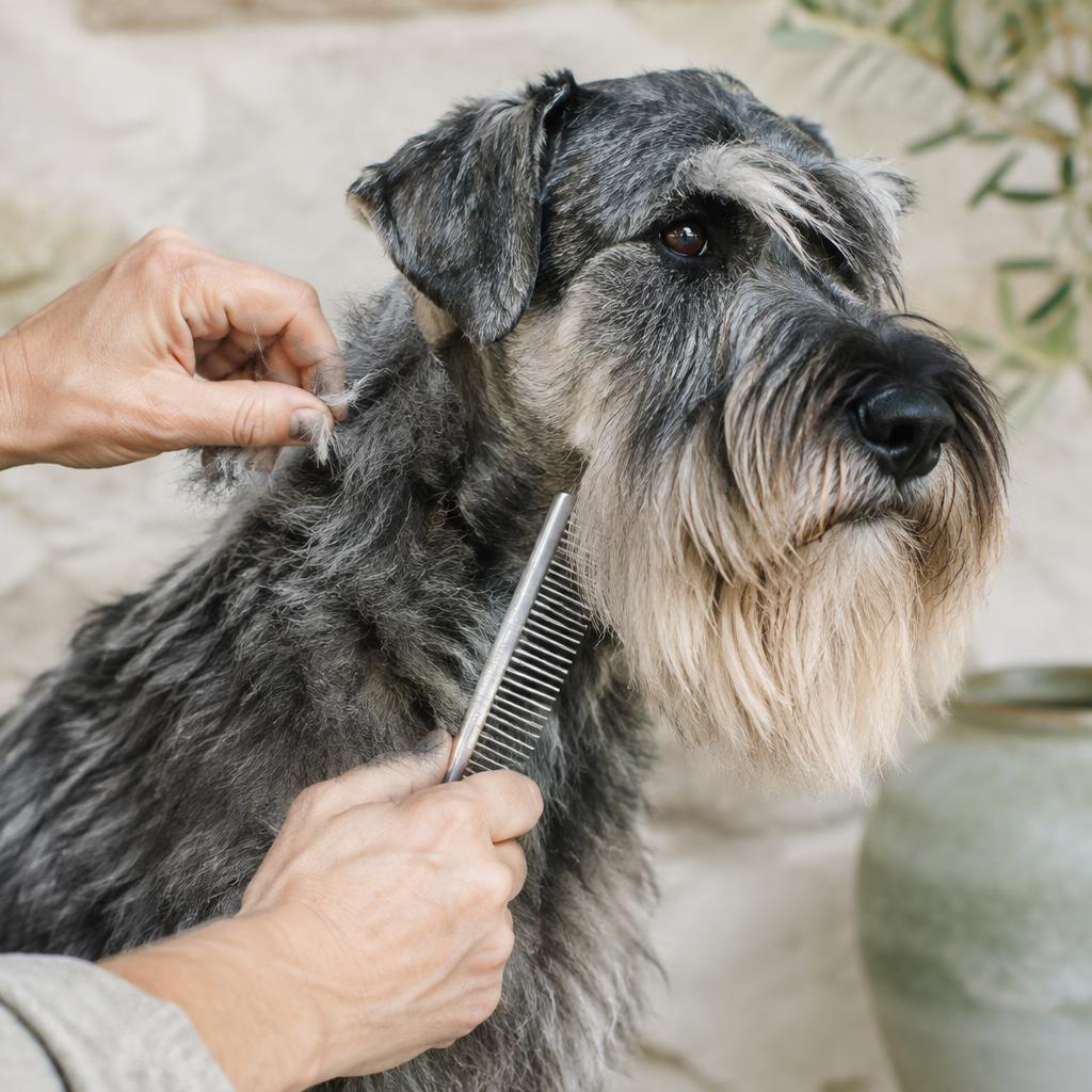 A Standard Schnauzer being hand-stripped on a grooming table