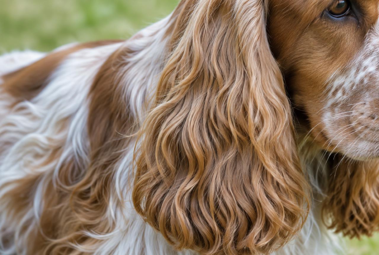 Close up of an English Cocker Spaniel's silky feathered coat.