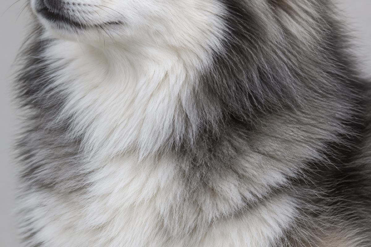 Close up of a Pomsky's thick grey and white double coat
