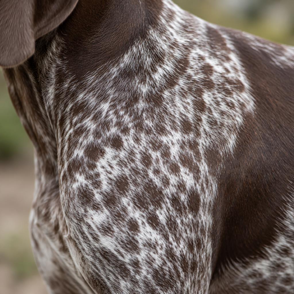 Close up of a German Shorthaired Pointer's short liver and white ticked coat