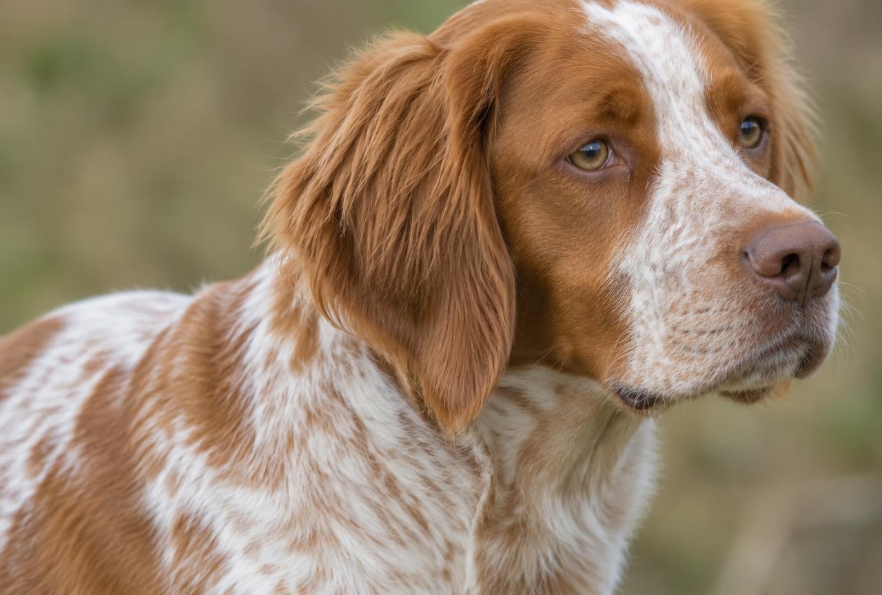 Close up of a Brittany's short dense coat and feathering