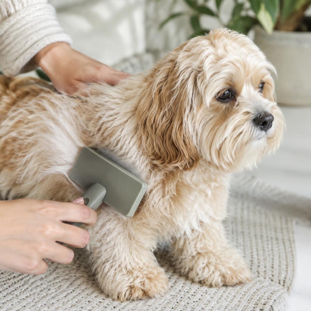 A Cavachon being brushed on a grooming table
