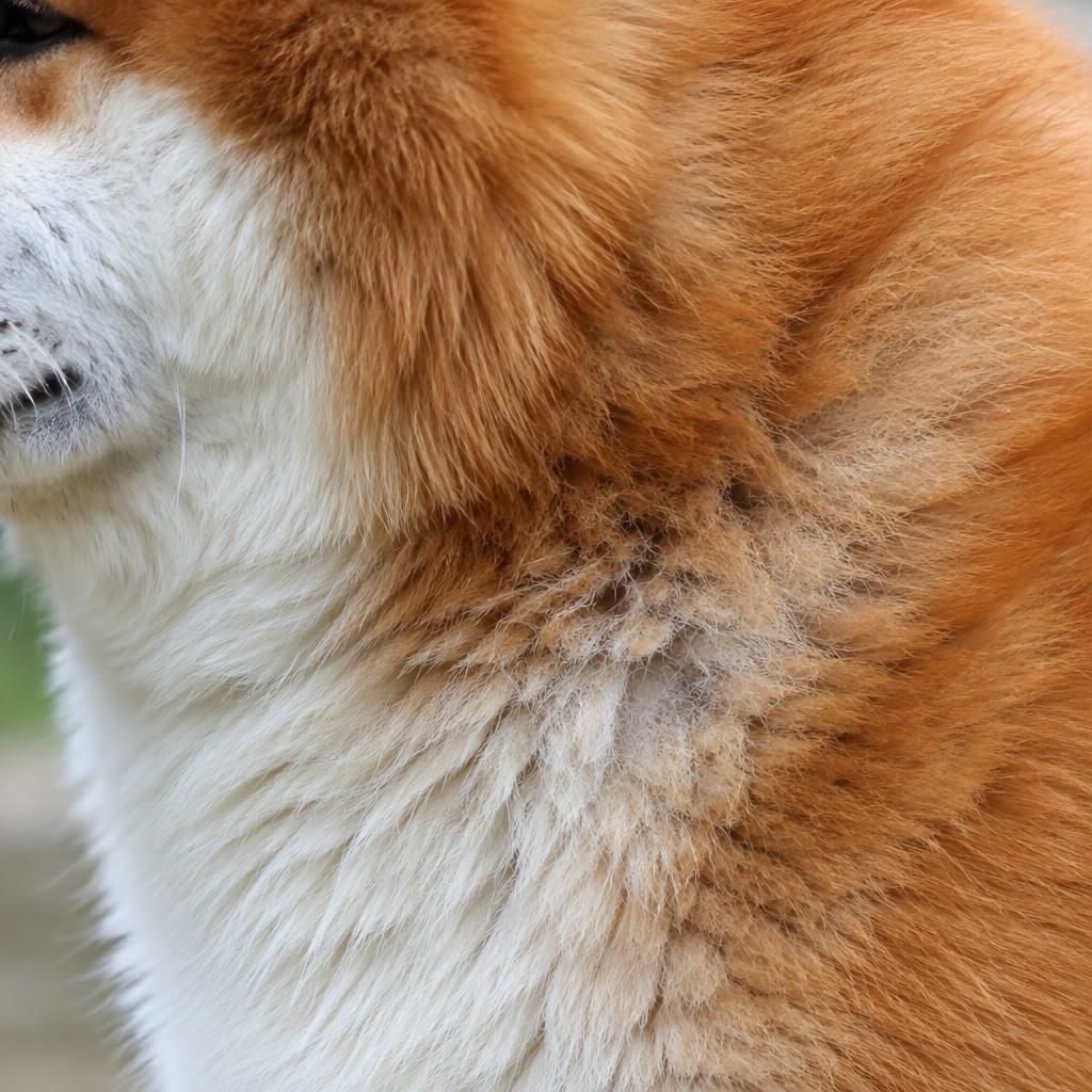 Close up of an Akita's dense double coat