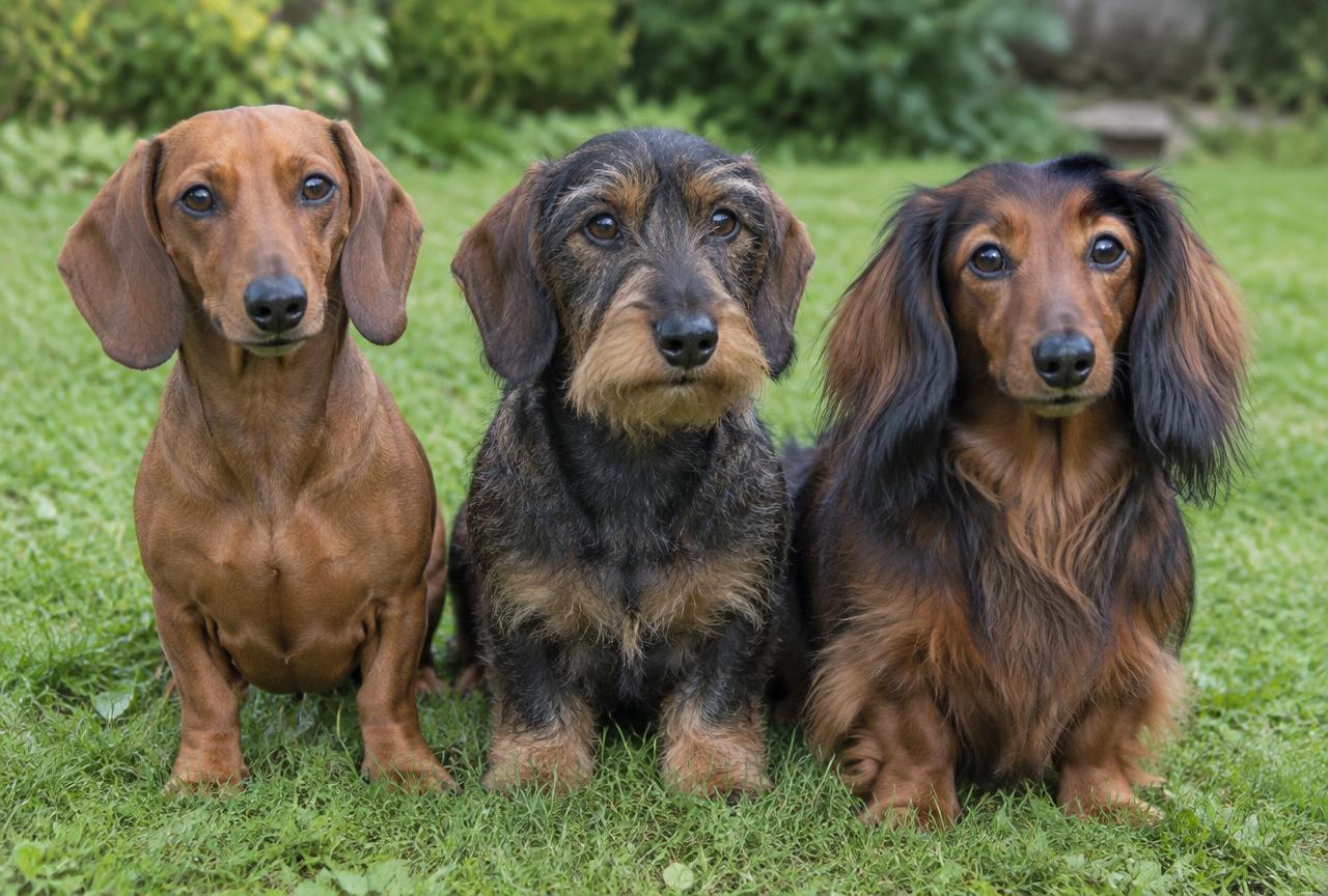 Three Dachshund coat types side by side