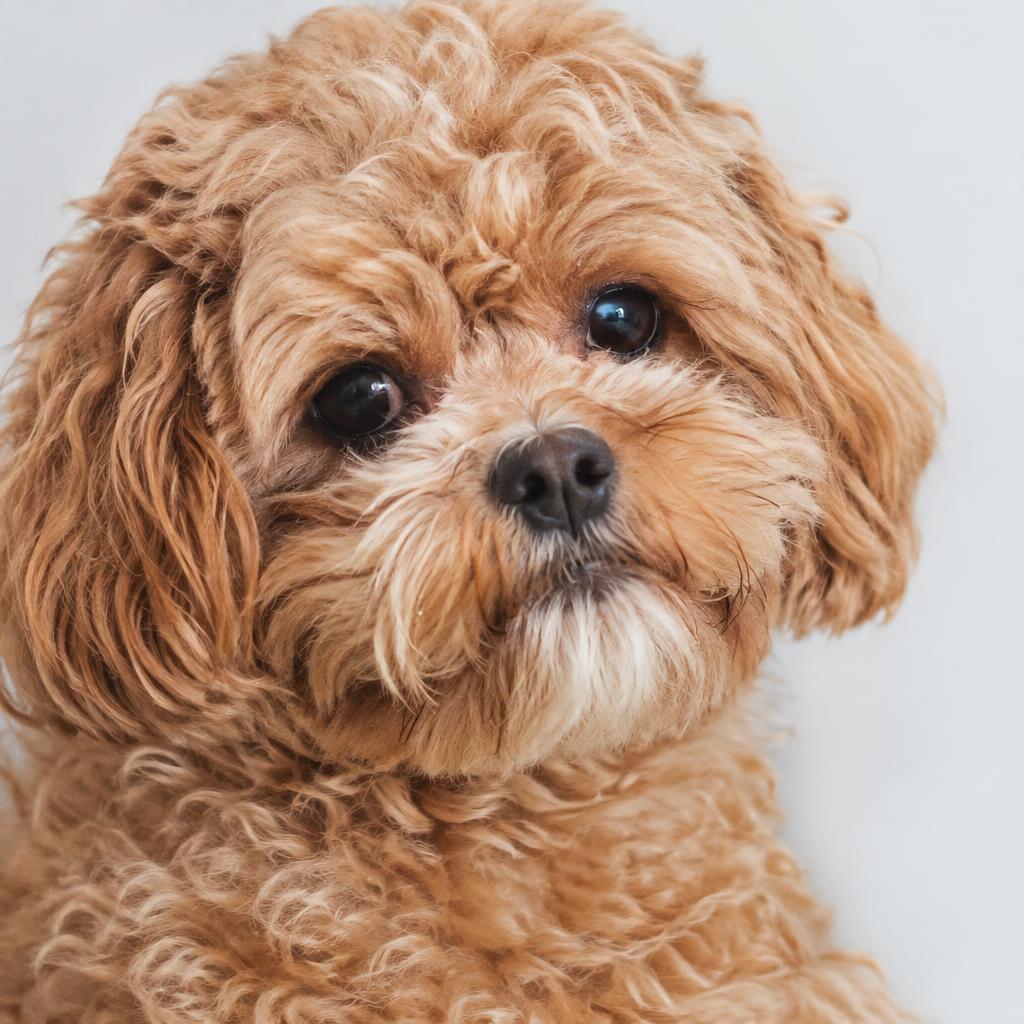 Close up of a Shih-Poo's dense curly apricot coat