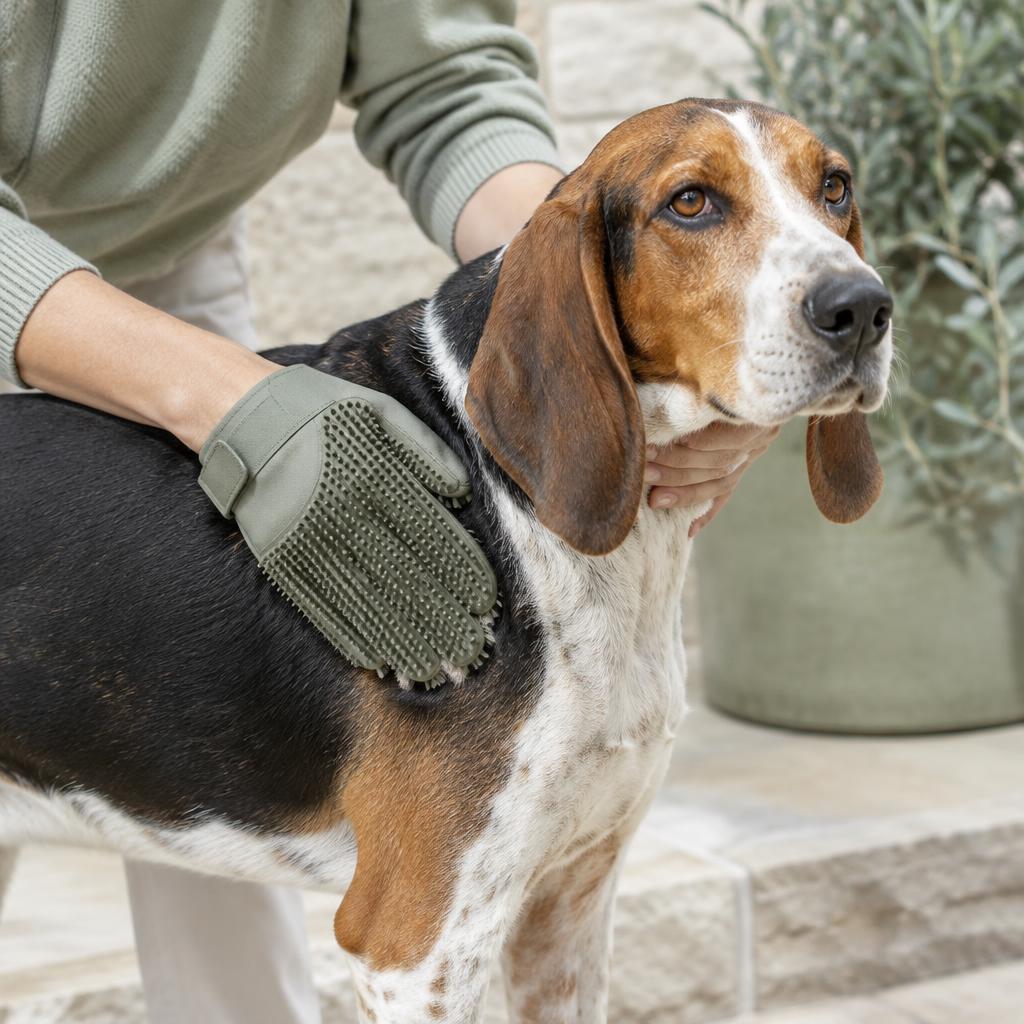 A Treeing Walker Coonhound being groomed with a rubber mitt