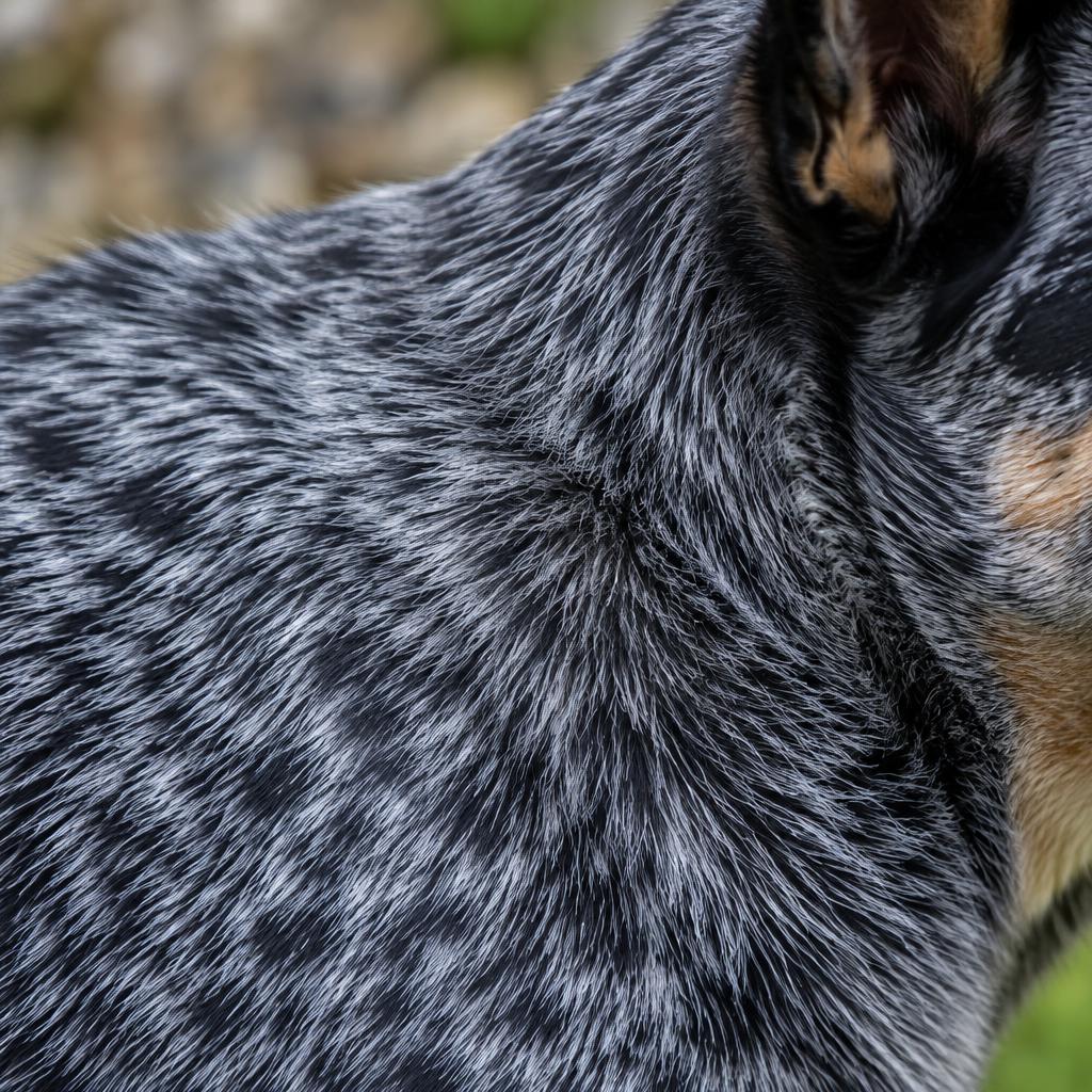 Close up of an Australian Cattle Dog's blue speckled double coat