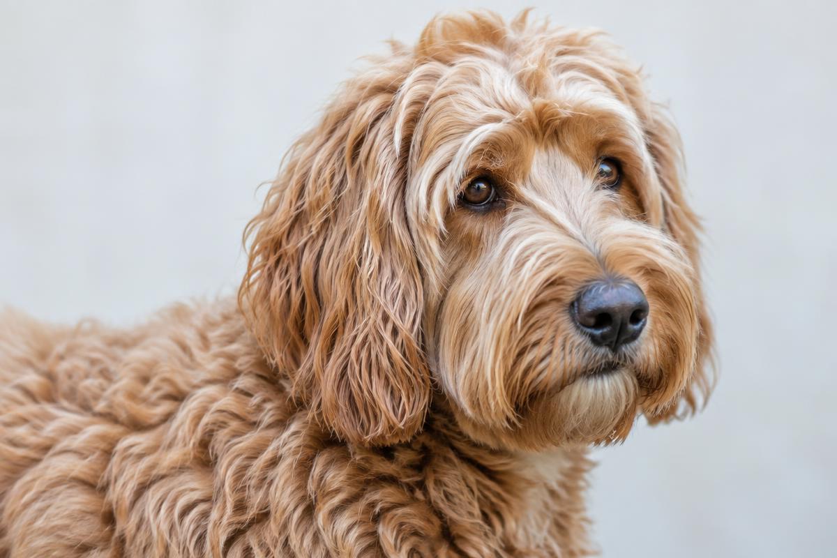 Close up of a Goldendoodle's wavy, curly coat texture