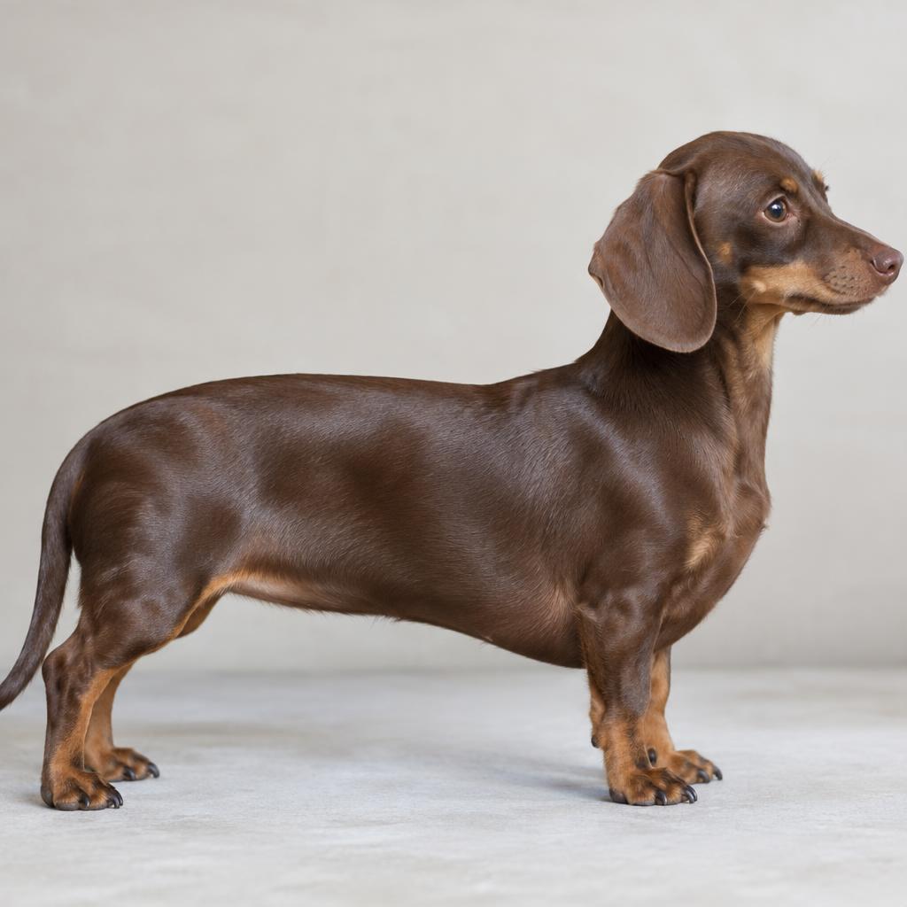Side profile of a Chiweenie showing its smooth chocolate coat and long body