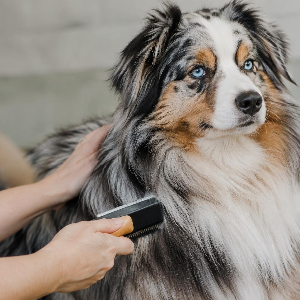 A Miniature American Shepherd being brushed during shedding season