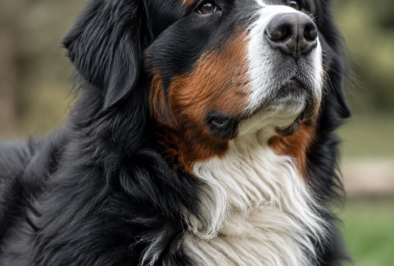 Close up of a Bernese Mountain Dog's tricolour coat