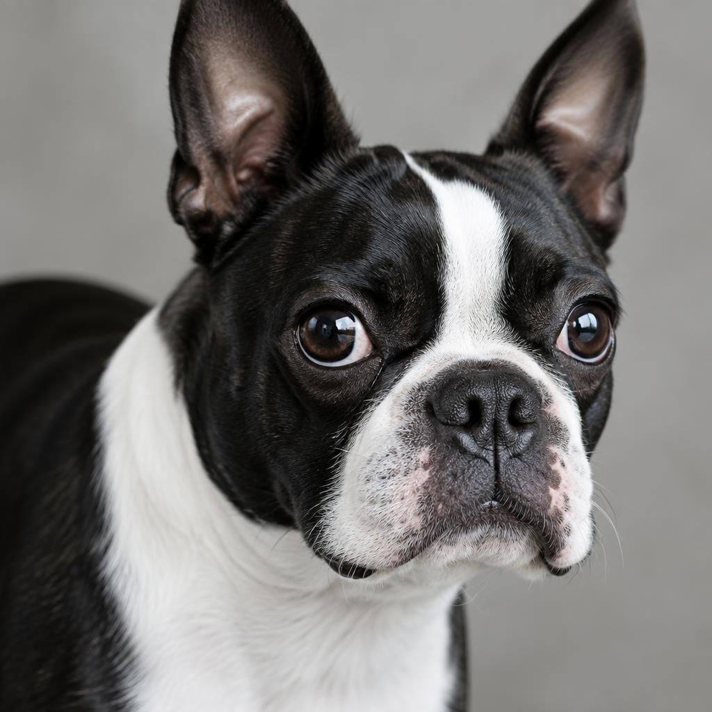 Close up of a Boston Terrier's short tuxedo marked coat