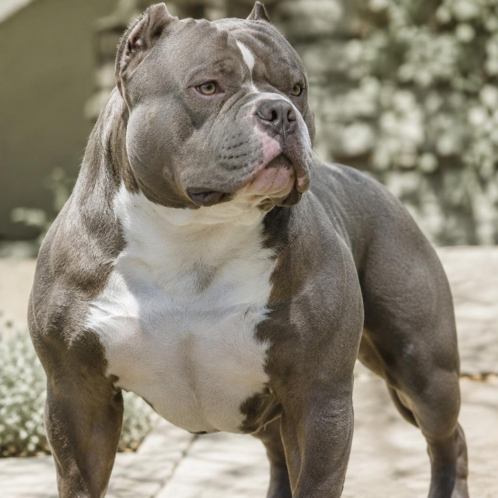 Close up of the short, glossy coat of an American Bully
