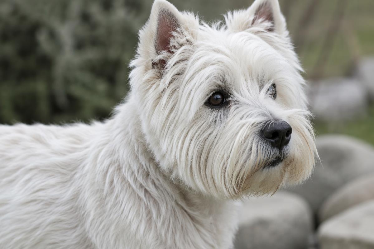Close up of a West Highland White Terrier's harsh white coat