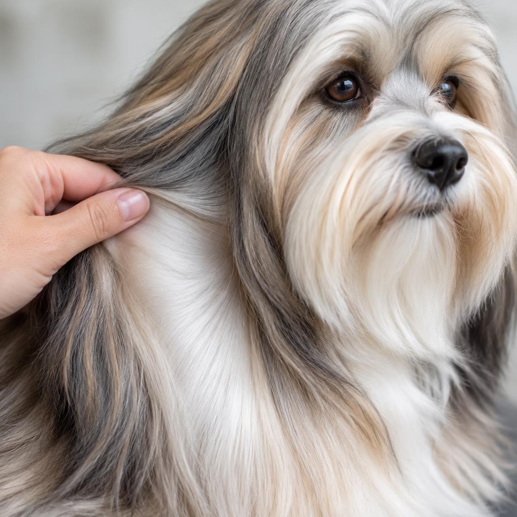 Close up of a Havanese's long silky coat being parted to show the texture
