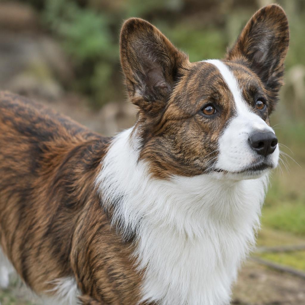 Close up of a Cardigan Welsh Corgi's brindle double coat and long tail