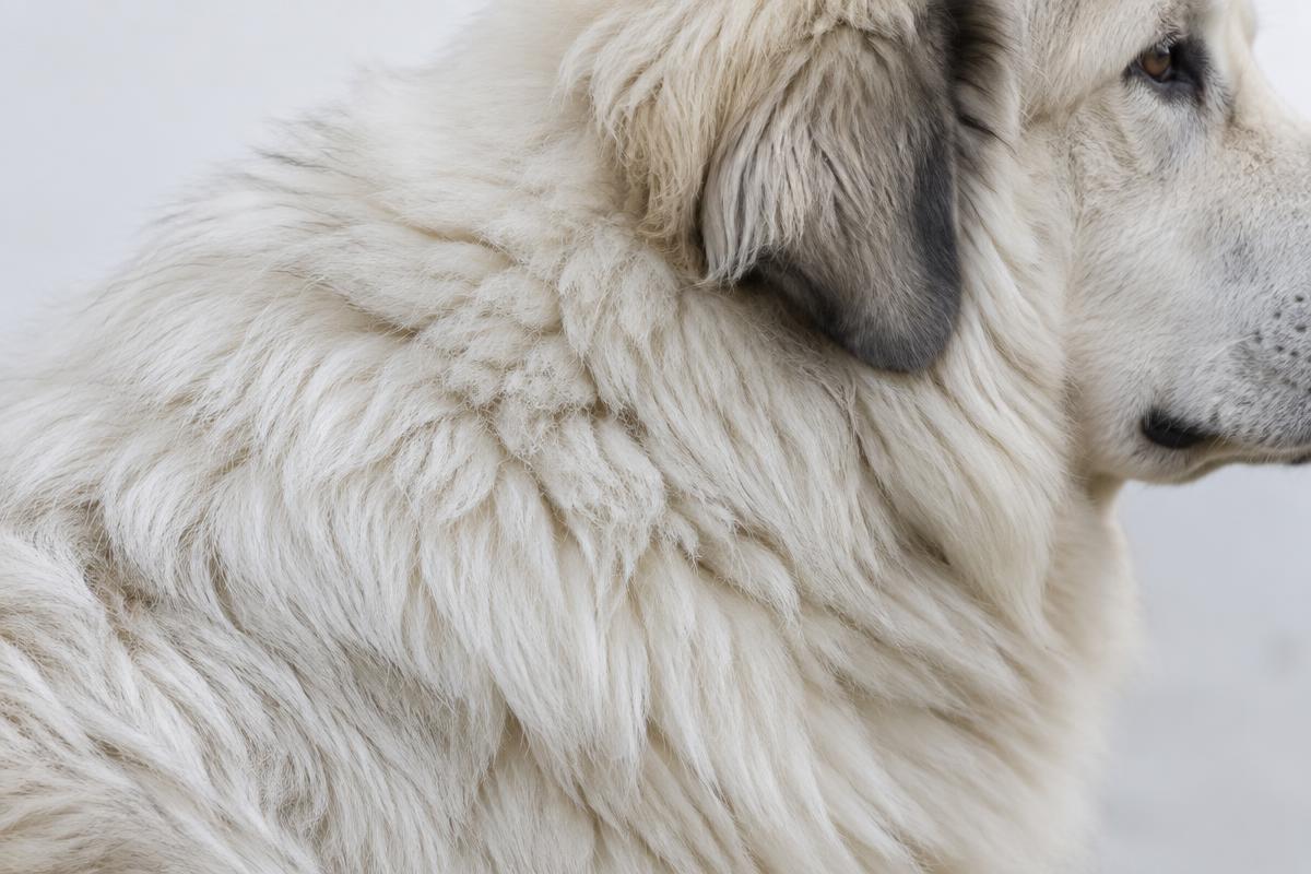 Close up of a Great Pyrenees' thick white double coat