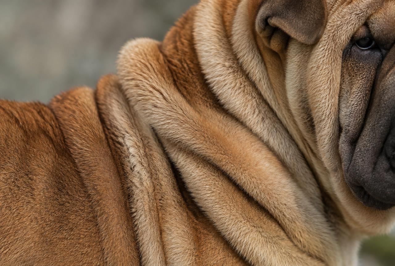 Close up of a Shar Pei's short bristled coat and skin folds