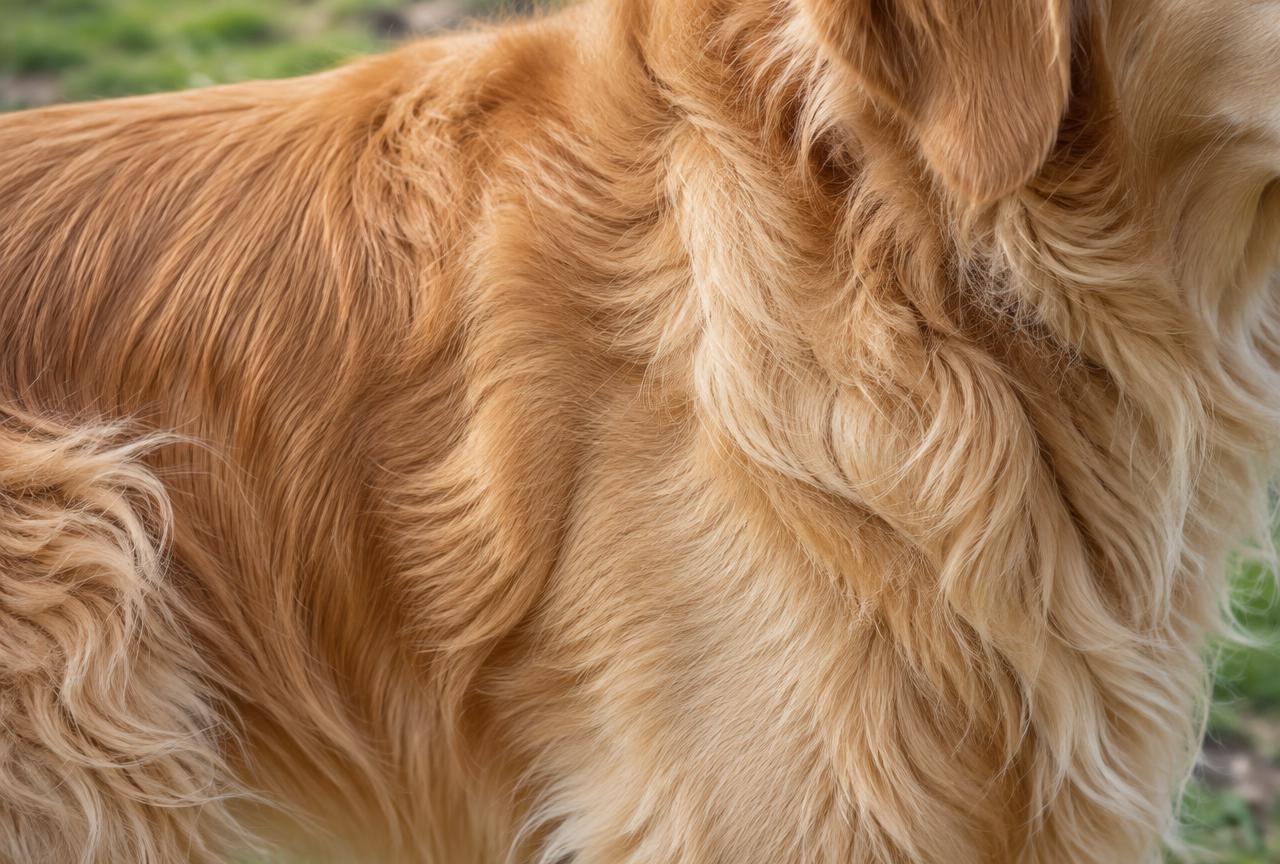 Close up of a Golden Retriever's wavy golden coat and feathering.