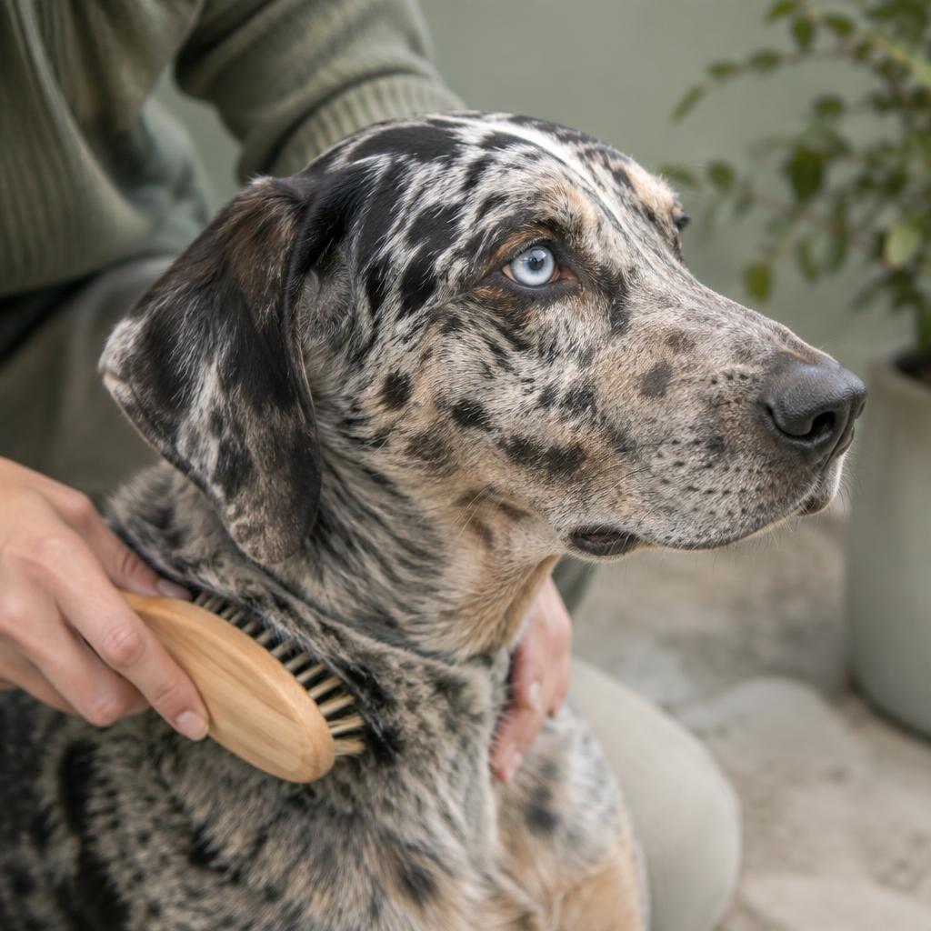 Close-up of a blue merle Catahoula coat being brushed