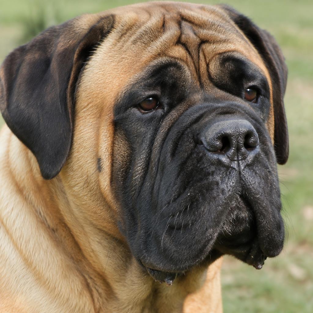Close up of a Bullmastiff's short fawn coat and black mask